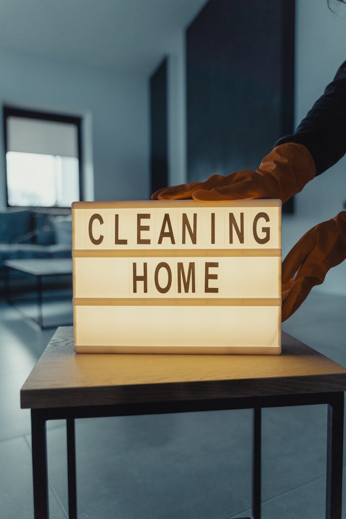 Modern interior with 'Cleaning Home' sign and person wearing gloves, emphasizing cleanliness.